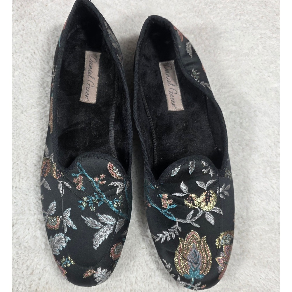 Daniel Green Slippers Women 7.5 Narrow Black Floral Brocade Faux Fur Metallic